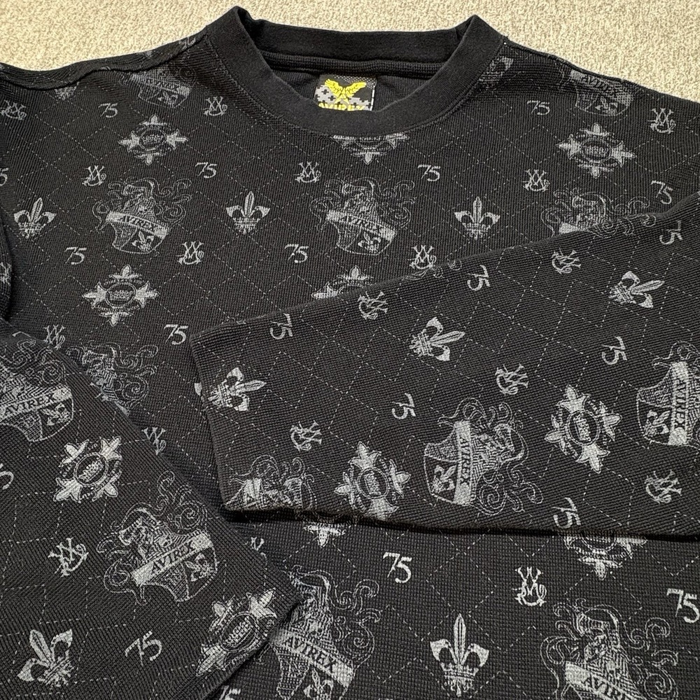 Avirex Waffle‎ Thermal Shirt Long Sleeve Men's XL Allover Print Black Y2k VTG